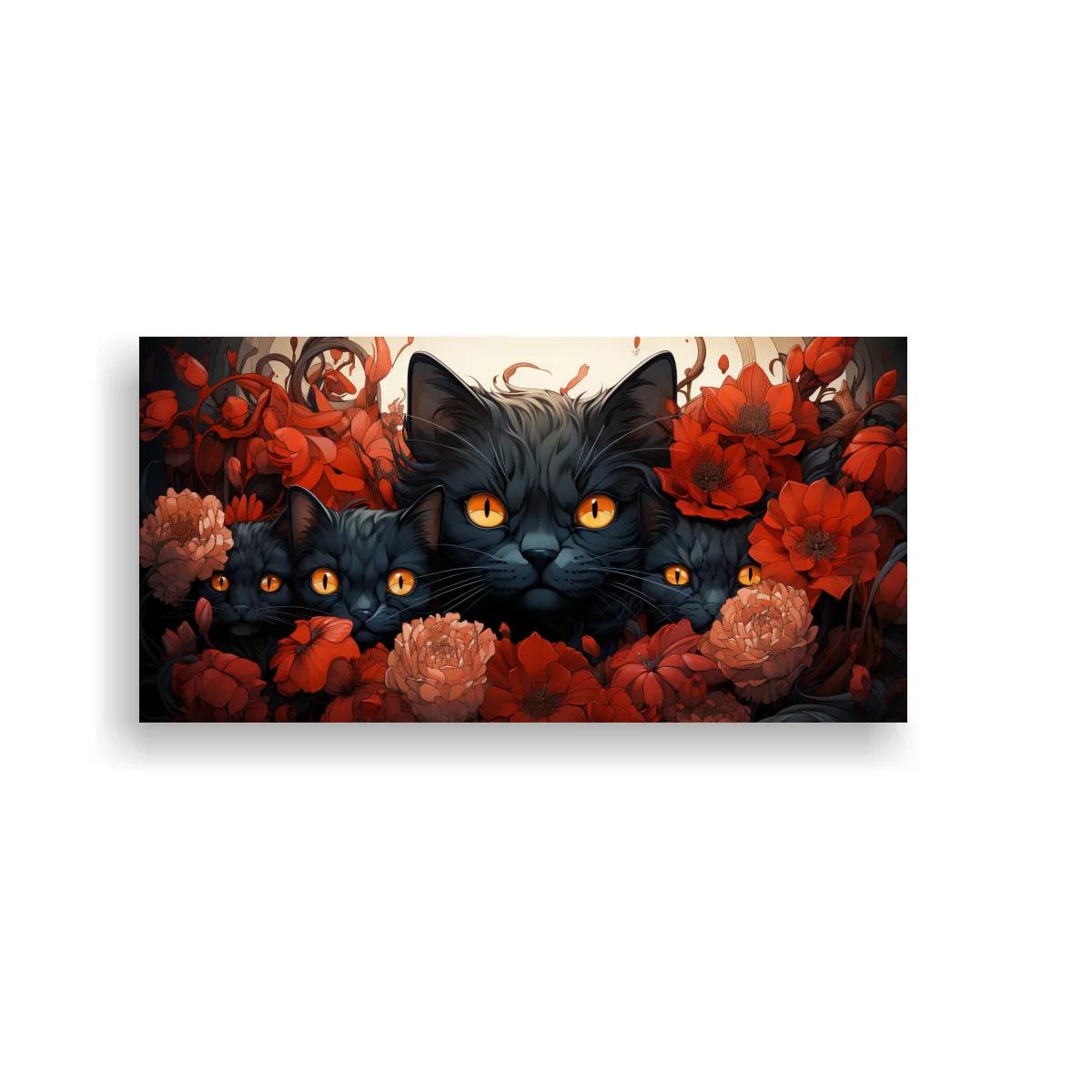 Cuadro tres gatos negros entre flores rojas y rosadas