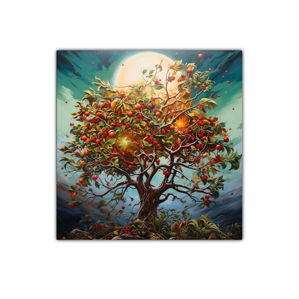 Árbol exuberante con frutos rojos y luz radiante