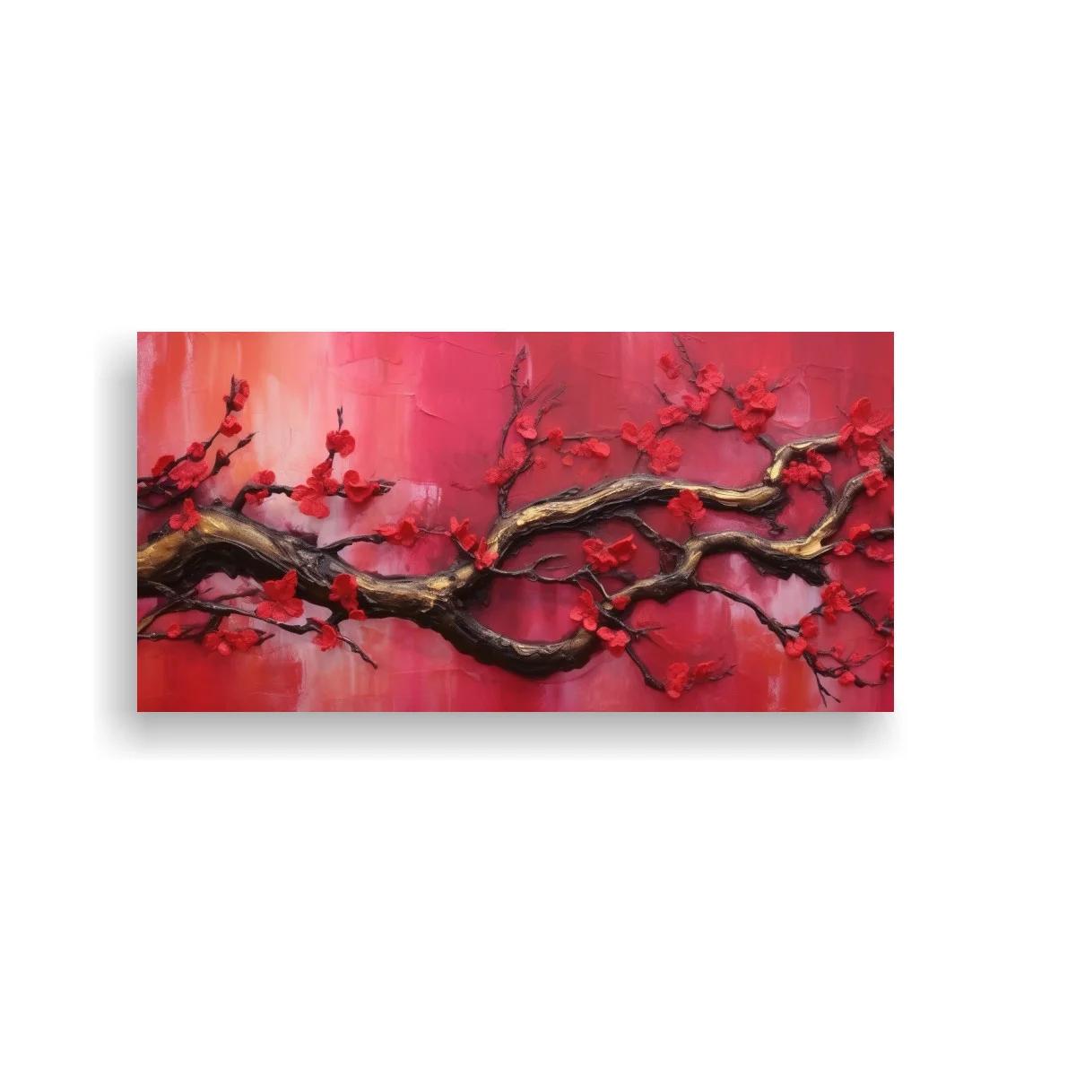 Cuadro rama de árbol con flores rojas en formato panorámico