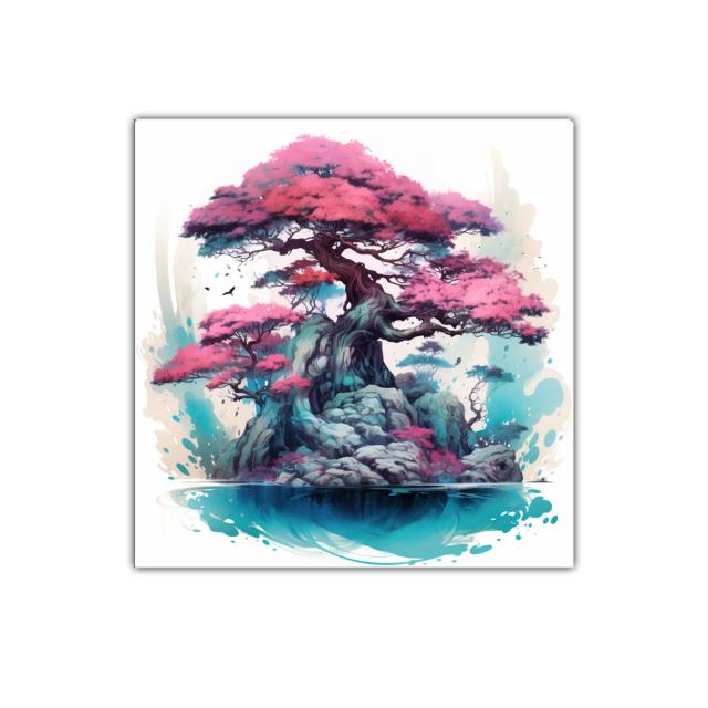 Árbol de Bonsái en Isla con Tonos Rosados y Azules