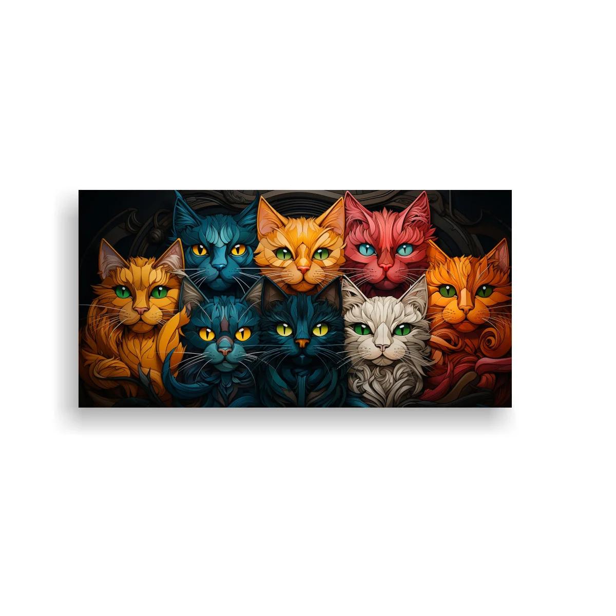Cuadro grupo de gatos de colores sobre fondo oscuro