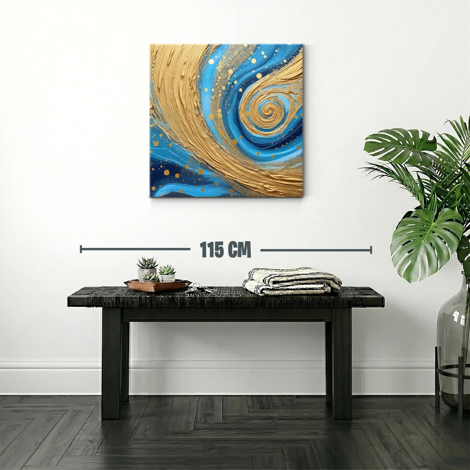 Cuadro abstracto con remolinos dorados y tonos azules — miniatura 2