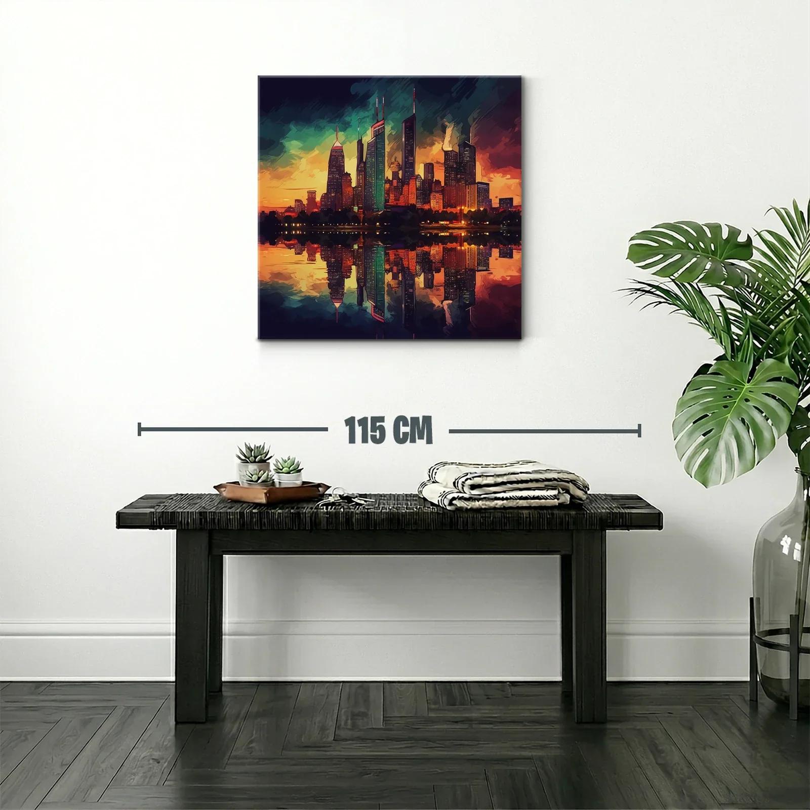 Atardecer vibrante sobre ciudad con reflejo en agua — miniatura 2