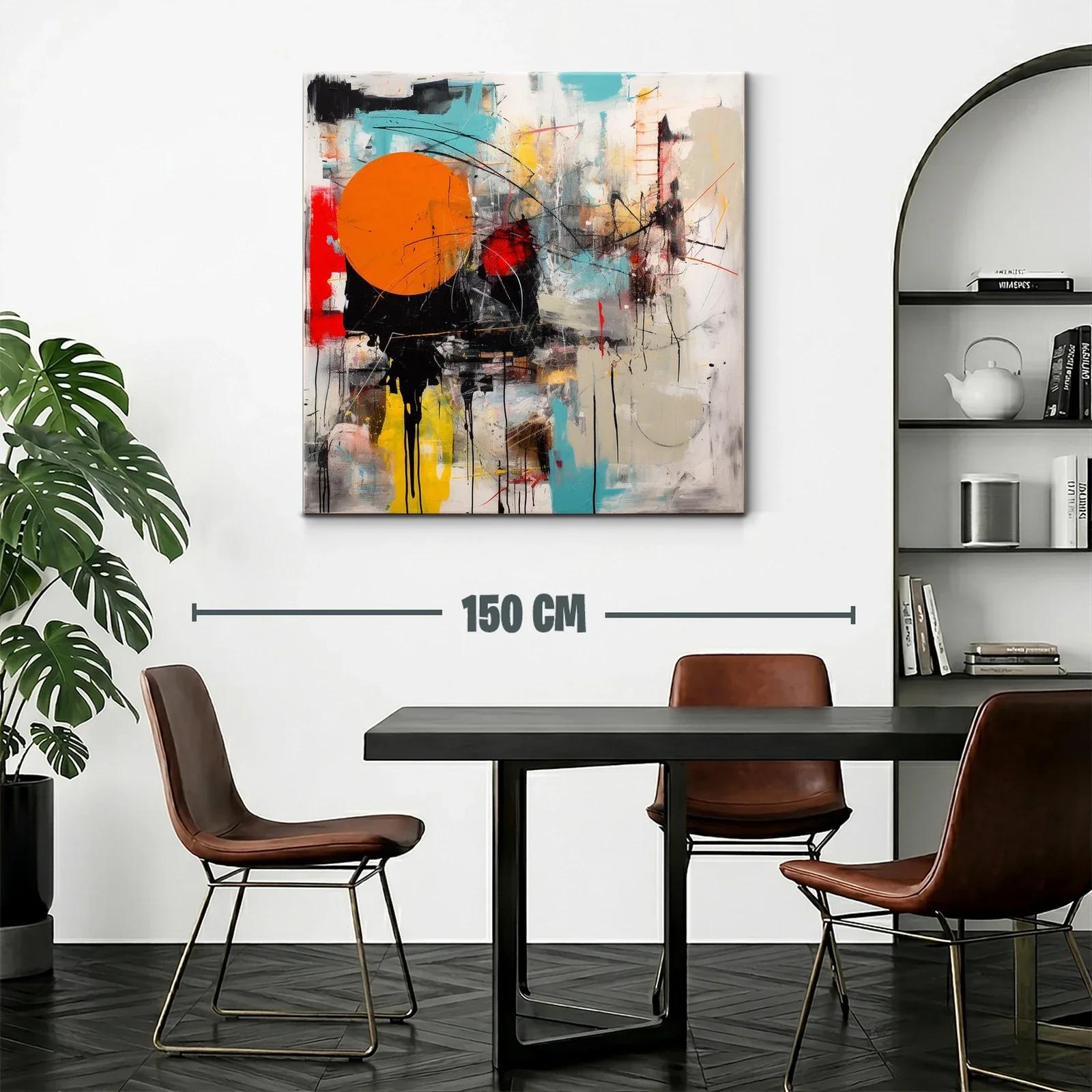 Cuadro abstracto con círculo naranja y trazos dinámicos — miniatura 2