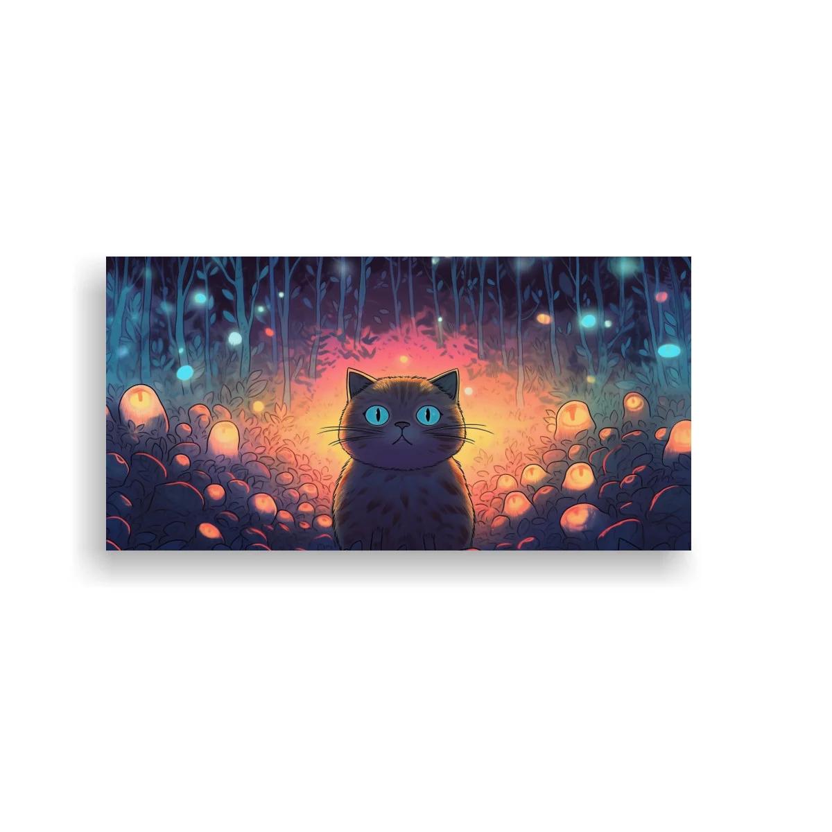 Cuadro gato negro de ojos azules entre luces del bosque