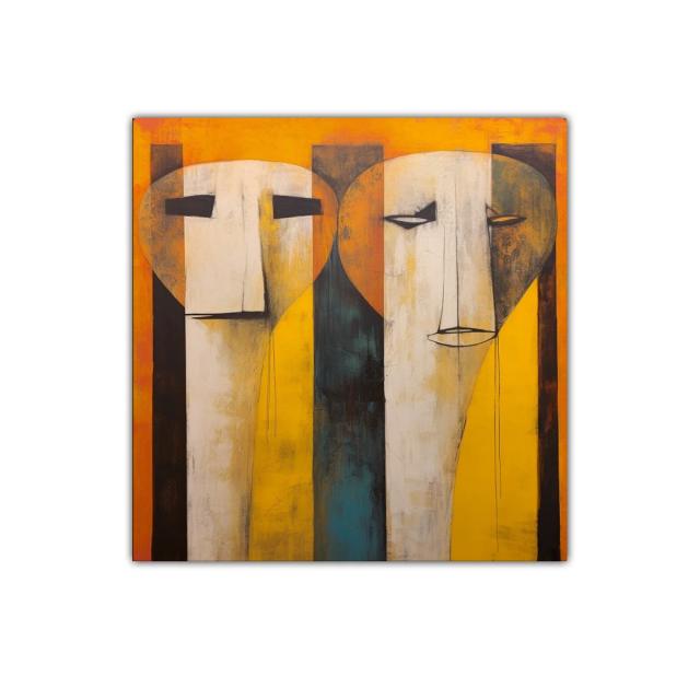 Cuadro contemporáneo con rostros abstractos en tonos cálidos