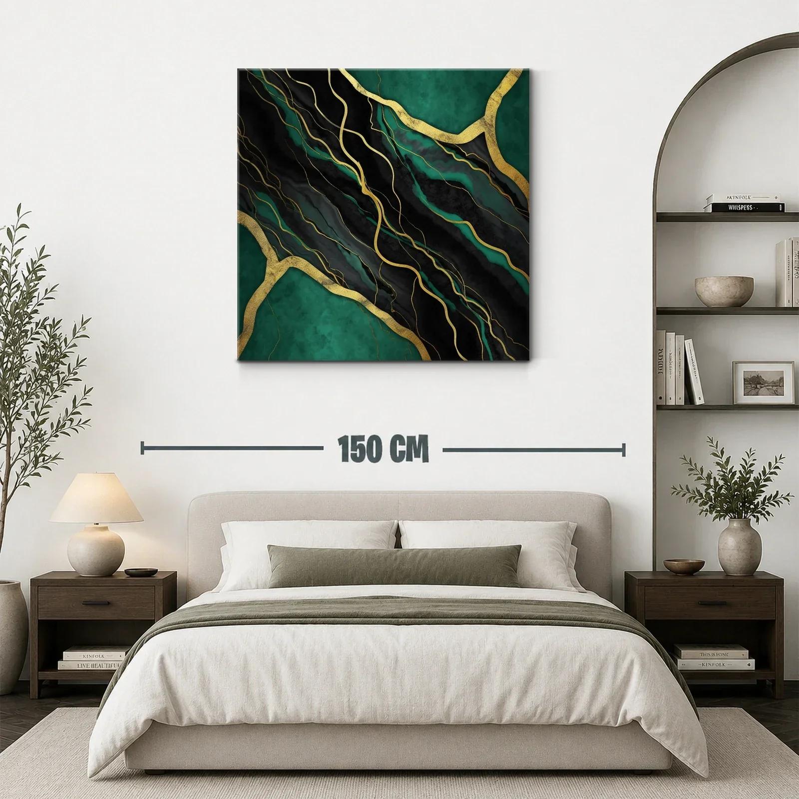 Cuadro abstracto en negro y verde con detalles dorados — miniatura 3