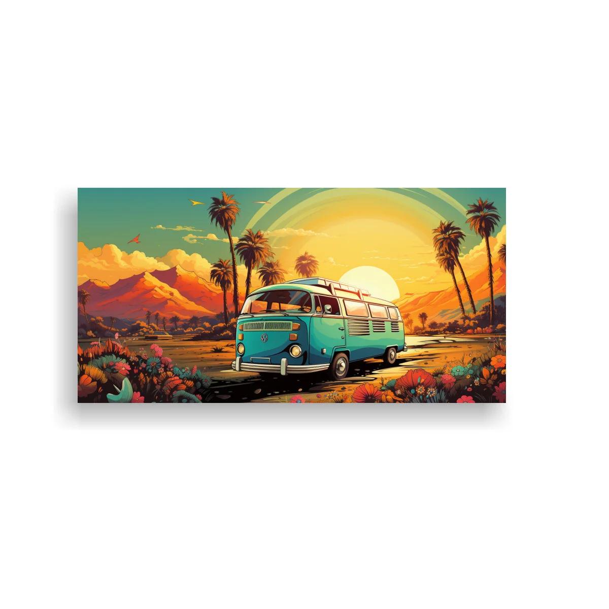 Cuadro furgoneta Volkswagen vintage turquesa con portaequipajes