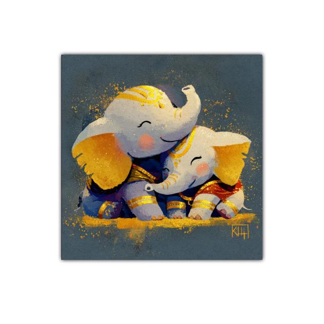 Cuadro decorativo elefantes tiernos con detalles dorados