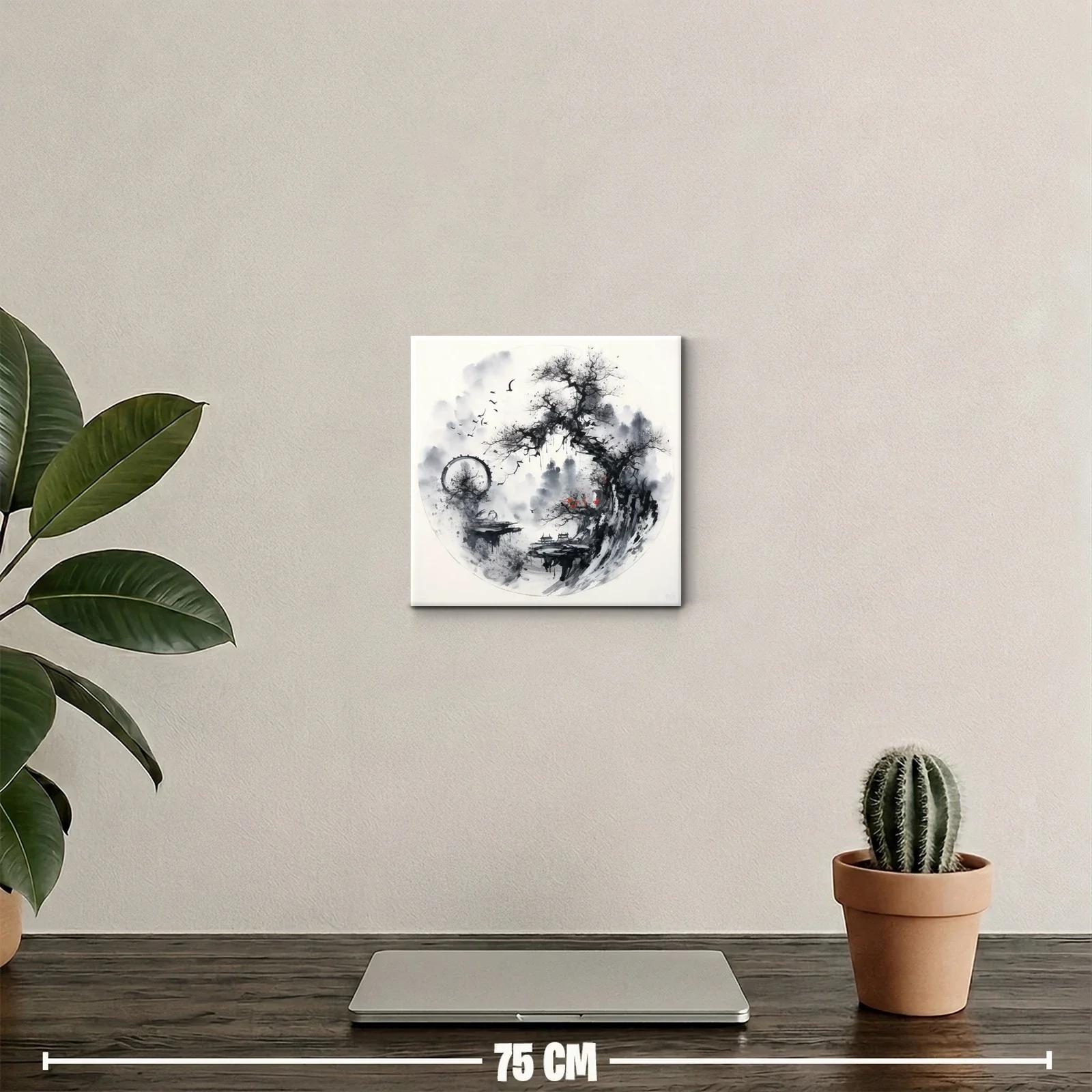 Paisaje asiático con árbol y aves en tonos monocromos — miniatura 2