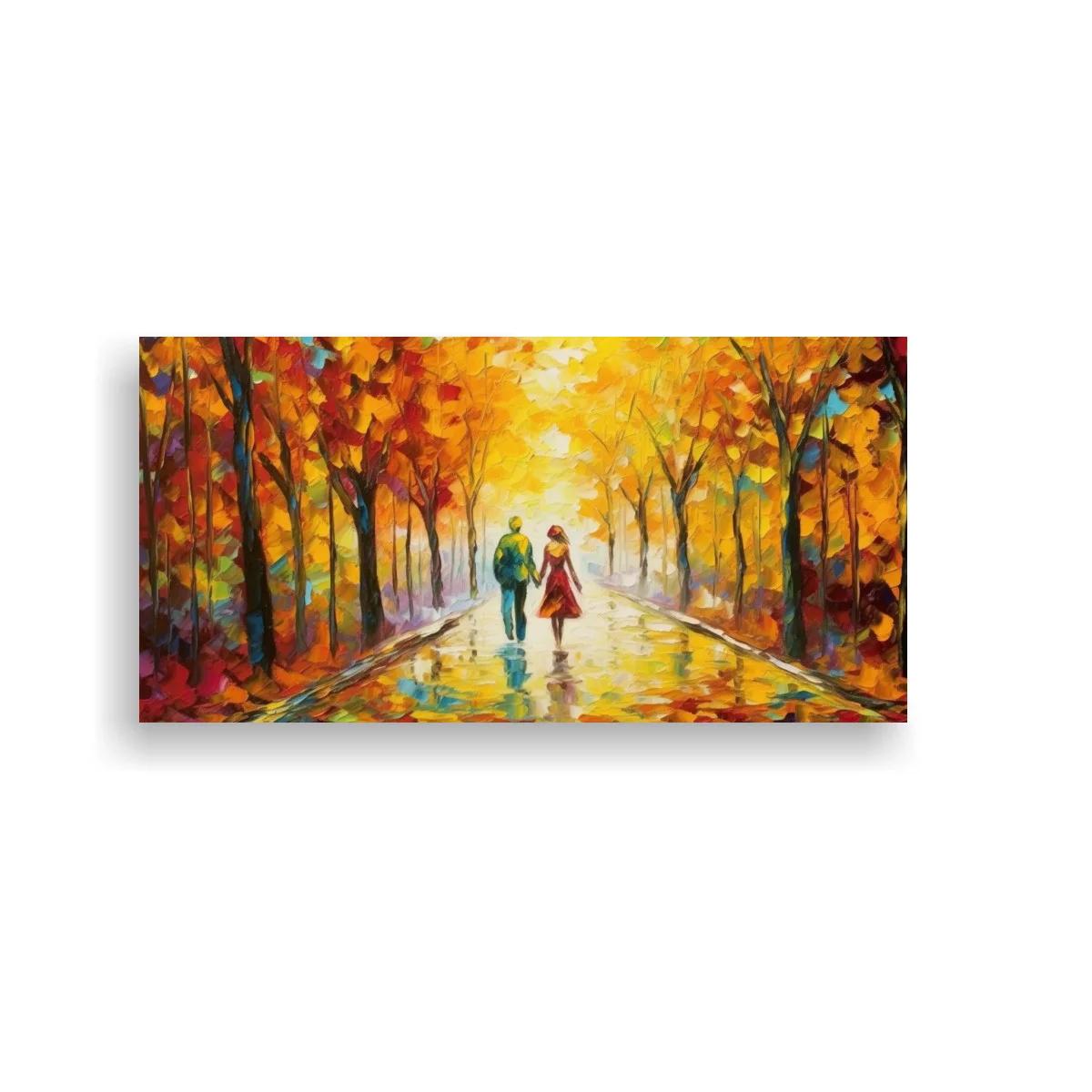 Cuadro pareja caminando por una avenida arbolada en otoño — imagen principal