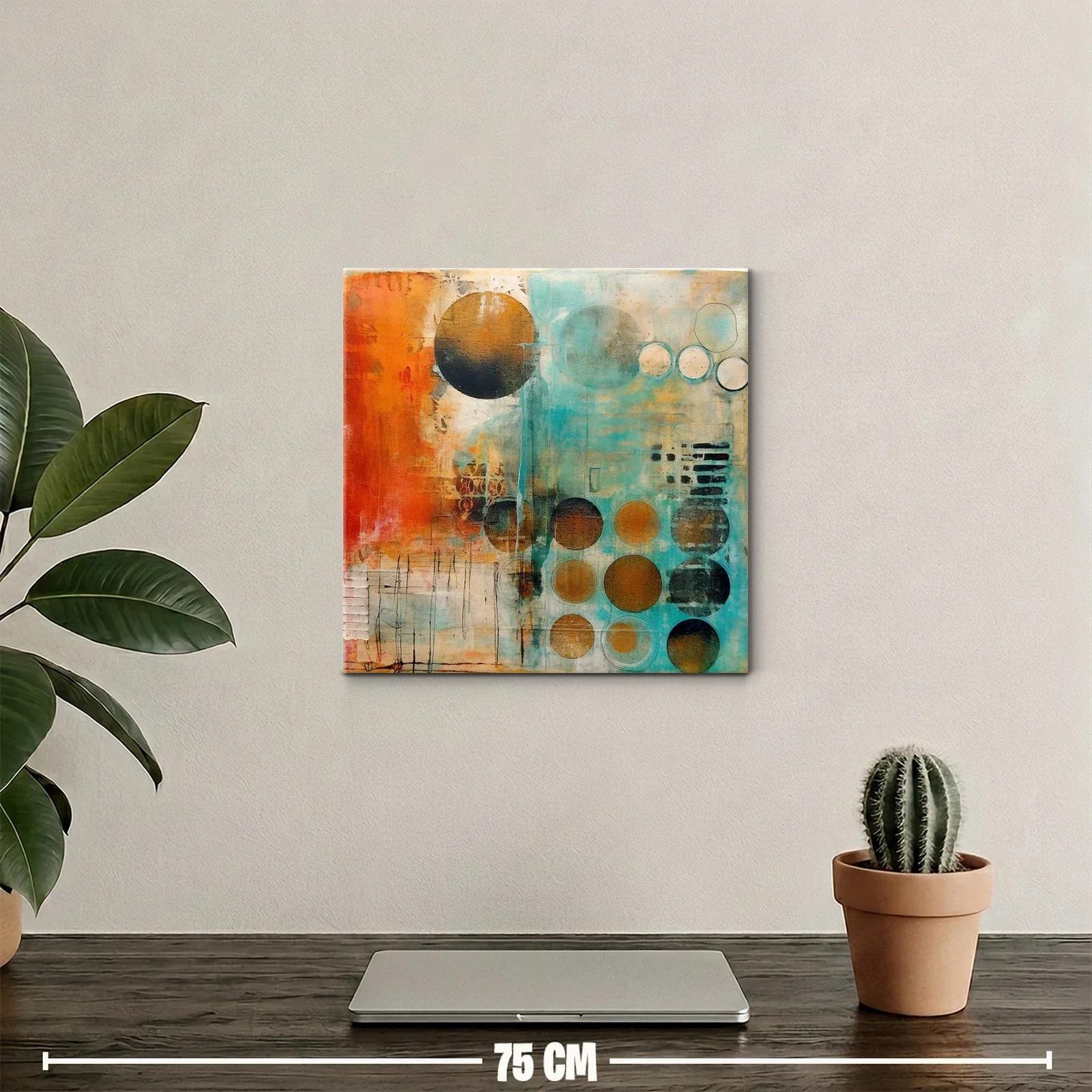 Cuadro abstracto con círculos en tonos cálidos y turquesa — miniatura 2