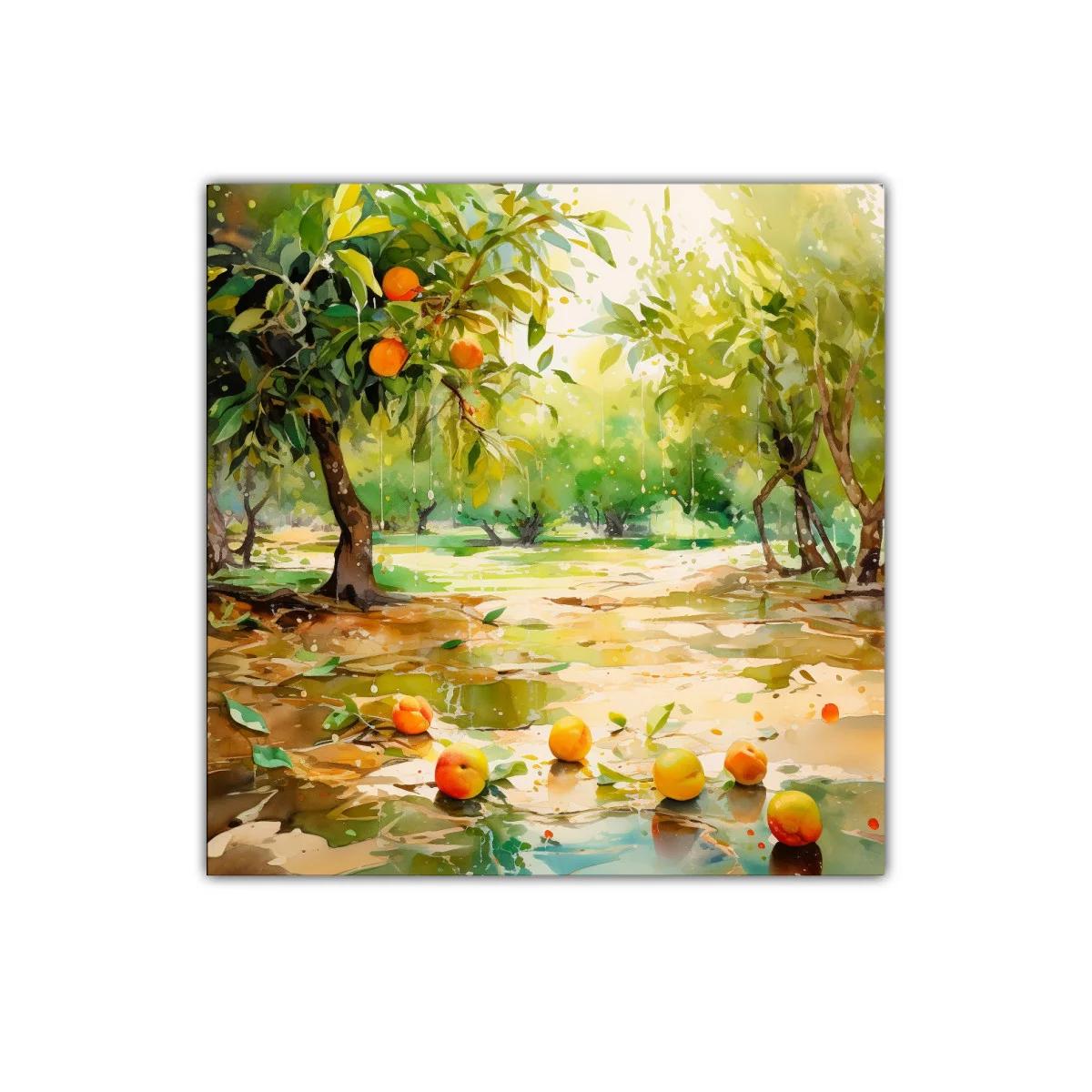 Paisaje de huerto con frutas maduras y luz natural — imagen principal