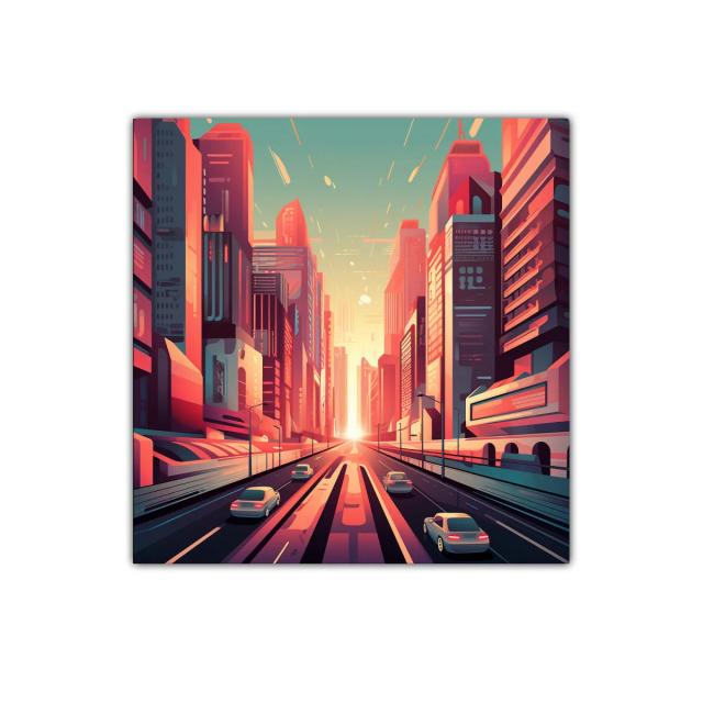 Ciudad futurista al atardecer con tonos cálidos y vibrantes