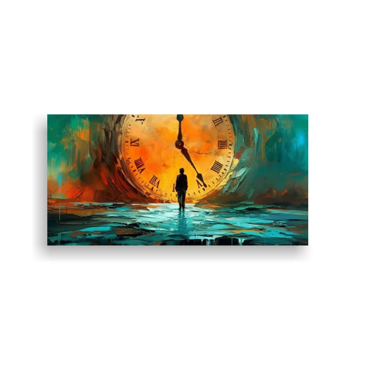 Cuadro reloj gigante con números romanos y figura solitaria — imagen principal