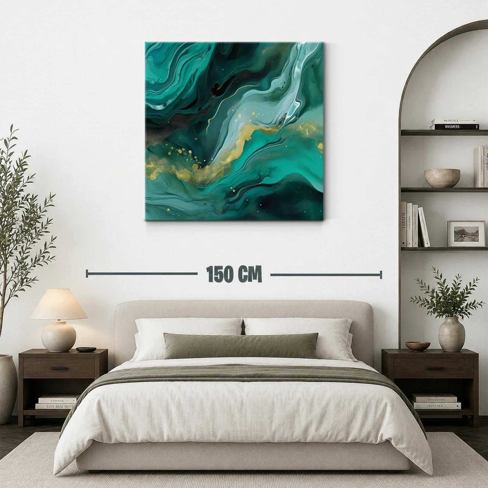 Cuadro abstracto en tonos verdes con detalles dorados — miniatura 3