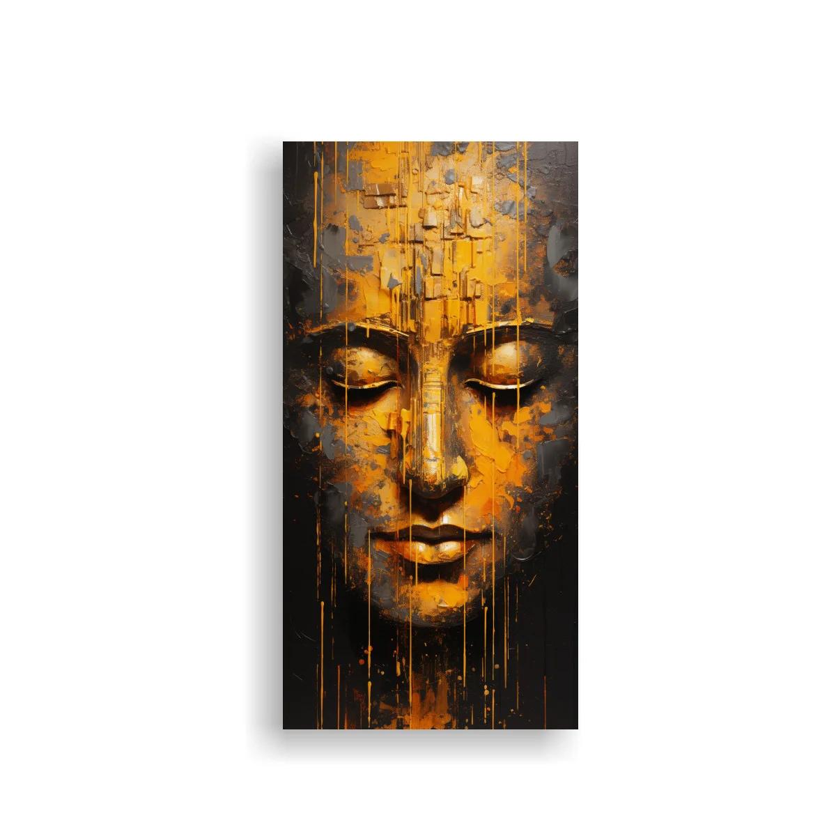 Cuadro rostro de Buda dorado con trazos y goteos