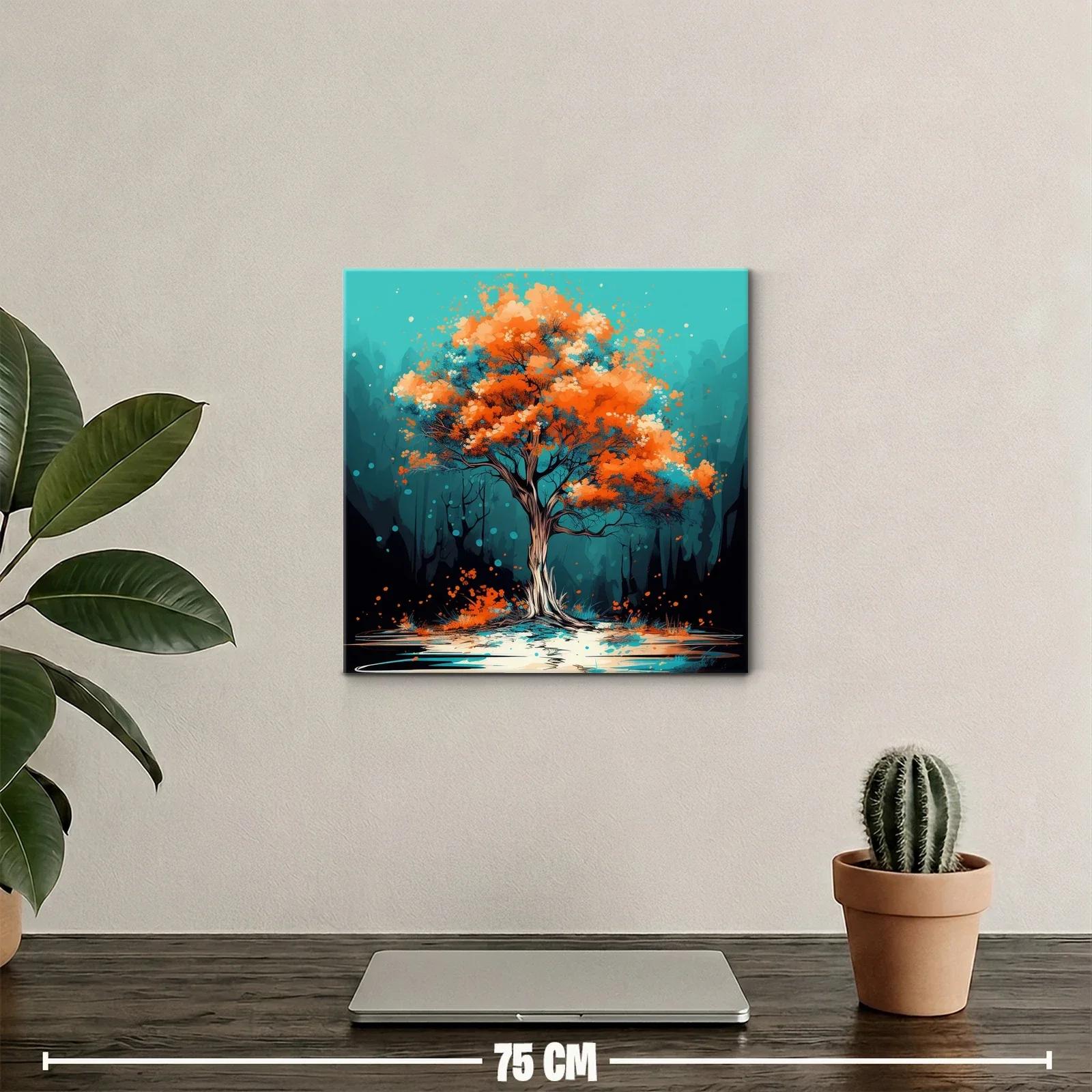 Árbol vibrante con follaje naranja en paisaje azul — miniatura 2