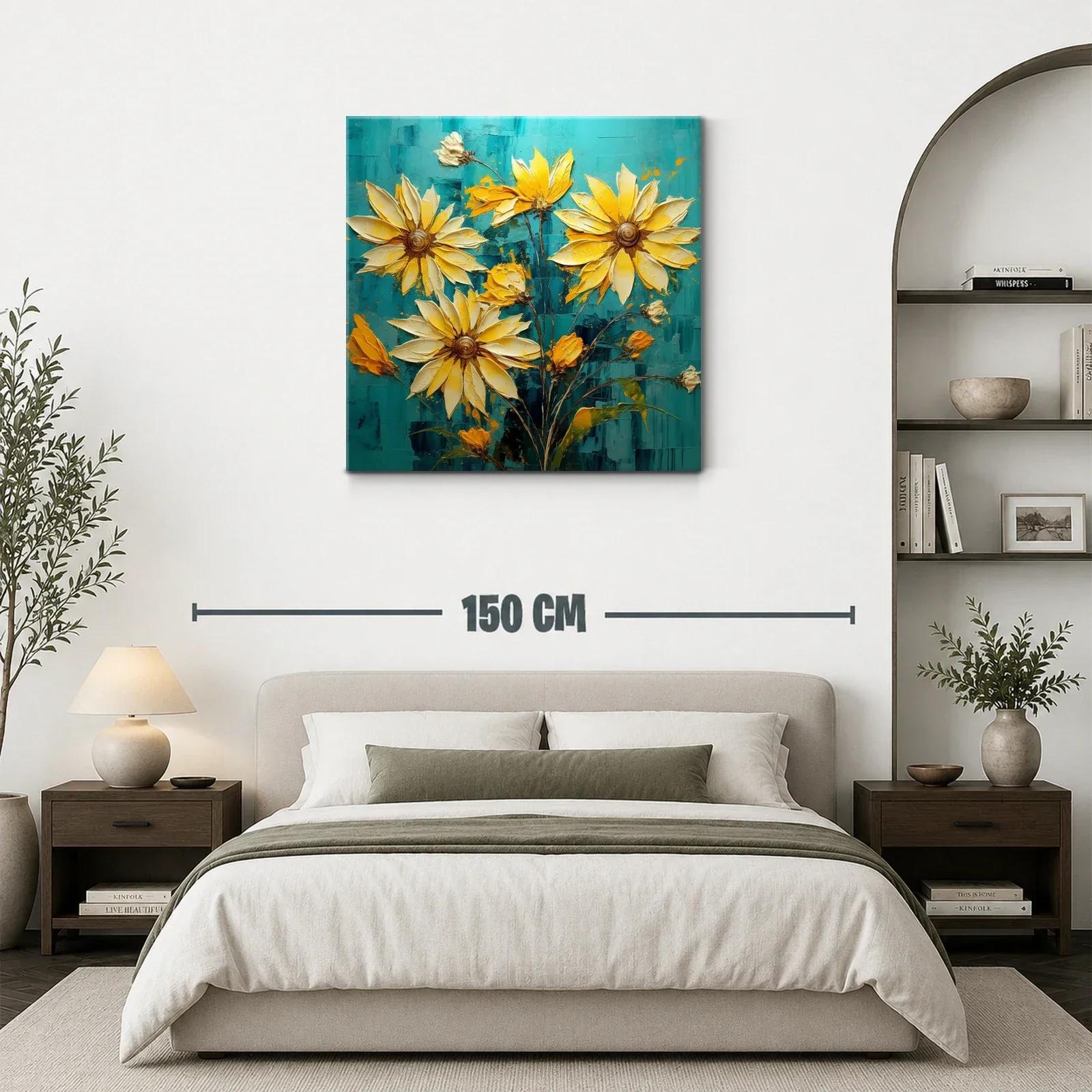 Cuadro con vibrantes flores amarillas sobre fondo azul — miniatura 3