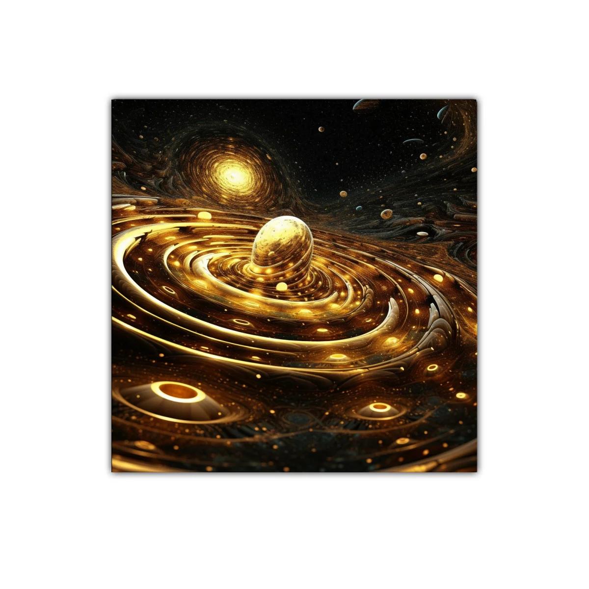 Cuadro abstracto con espirales doradas y estrellas
