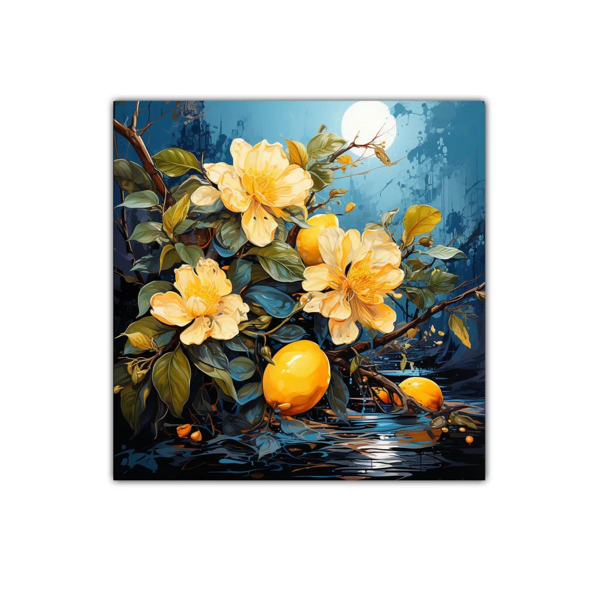 Cuadro decorativo con flores amarillas y limones luminiscentes — imagen principal