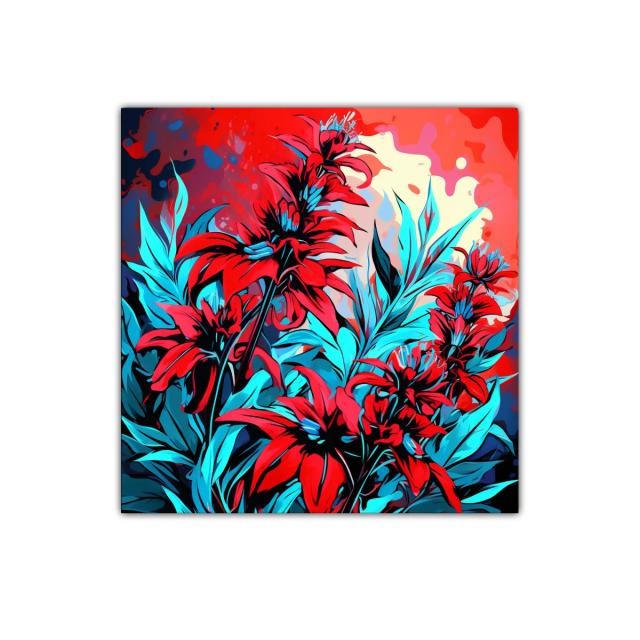 Vibrante composición floral en tonos rojos y azules eléctricos