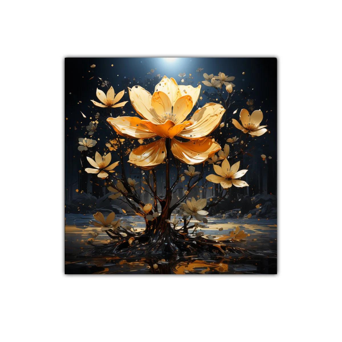 Flor dorada iluminada en paisaje nocturno mágico
