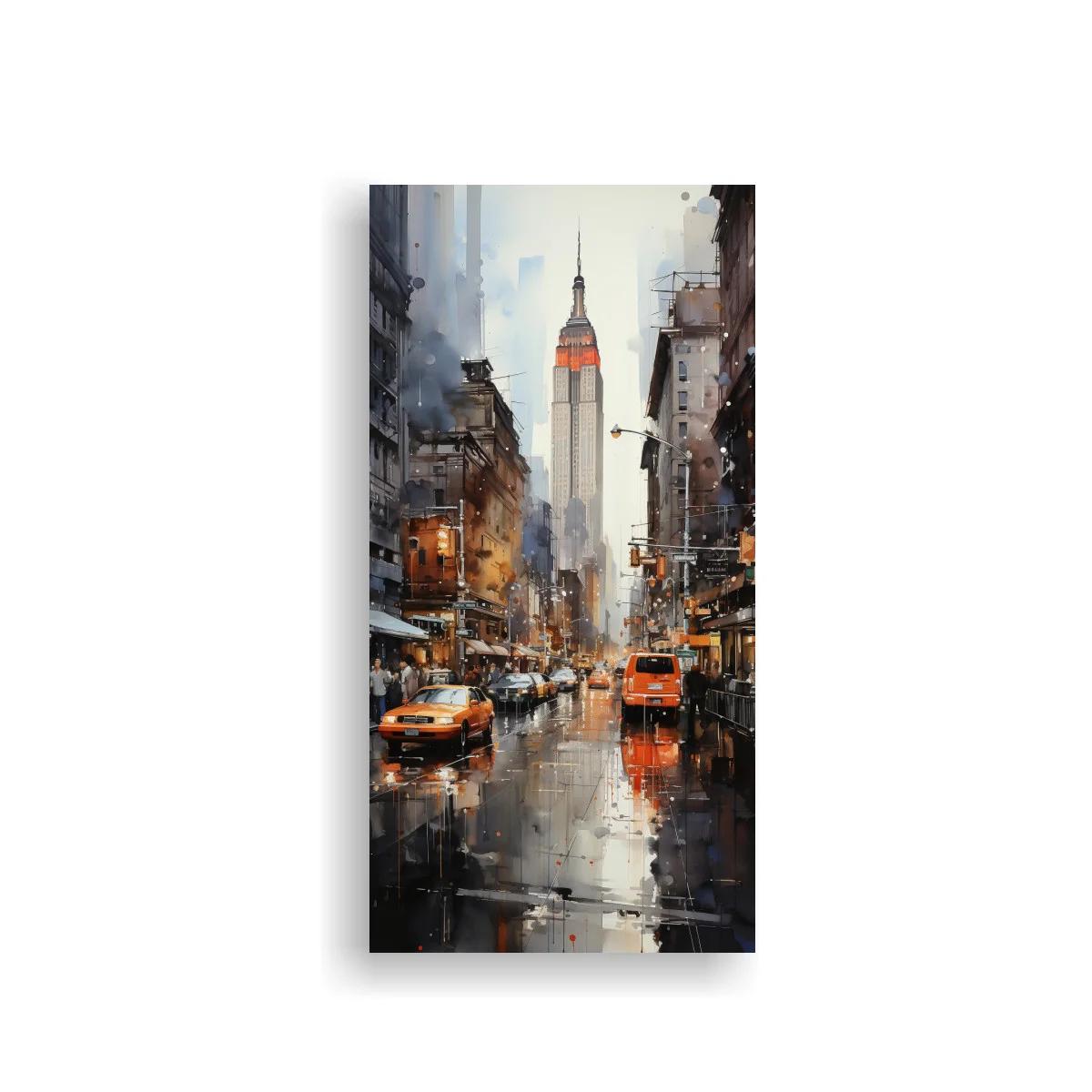 Cuadro Empire State Building con avenida lluviosa y taxis
