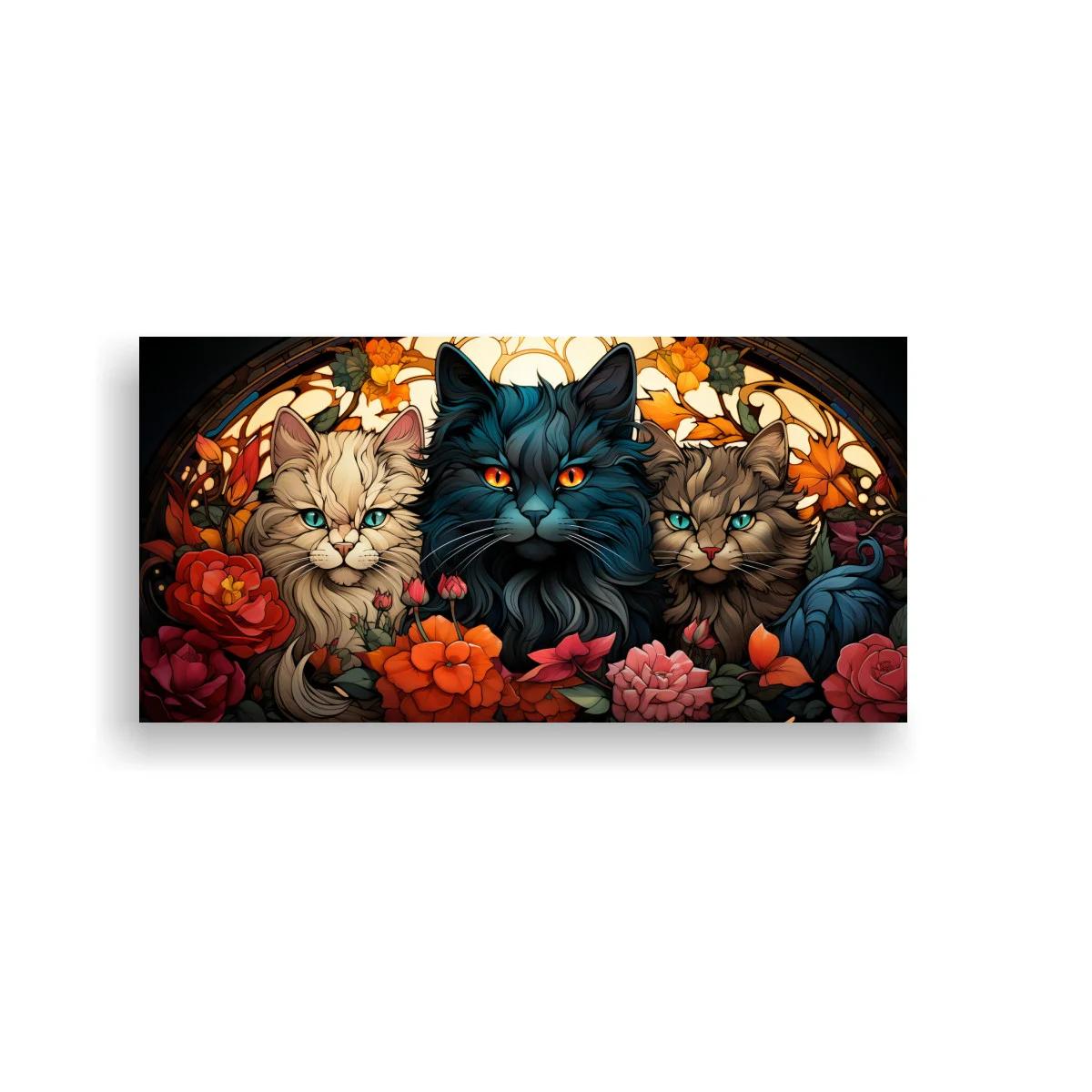 Cuadro tres gatos de pelo largo bajo arco floral