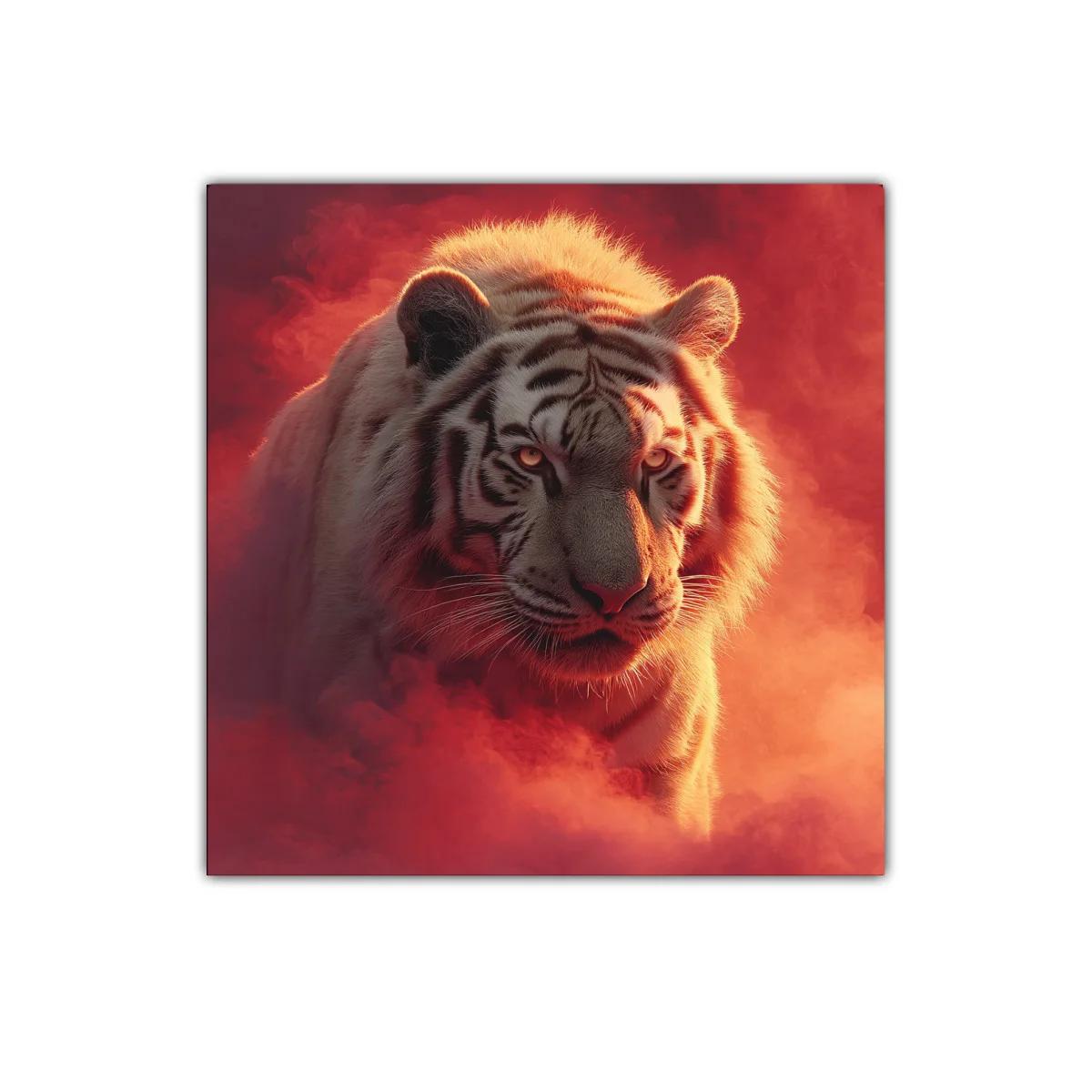 Tigre blanco entre niebla en tonos cálidos intensos — imagen principal