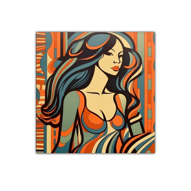 Mujer vibrante con ondas en tonos cálidos y fríos