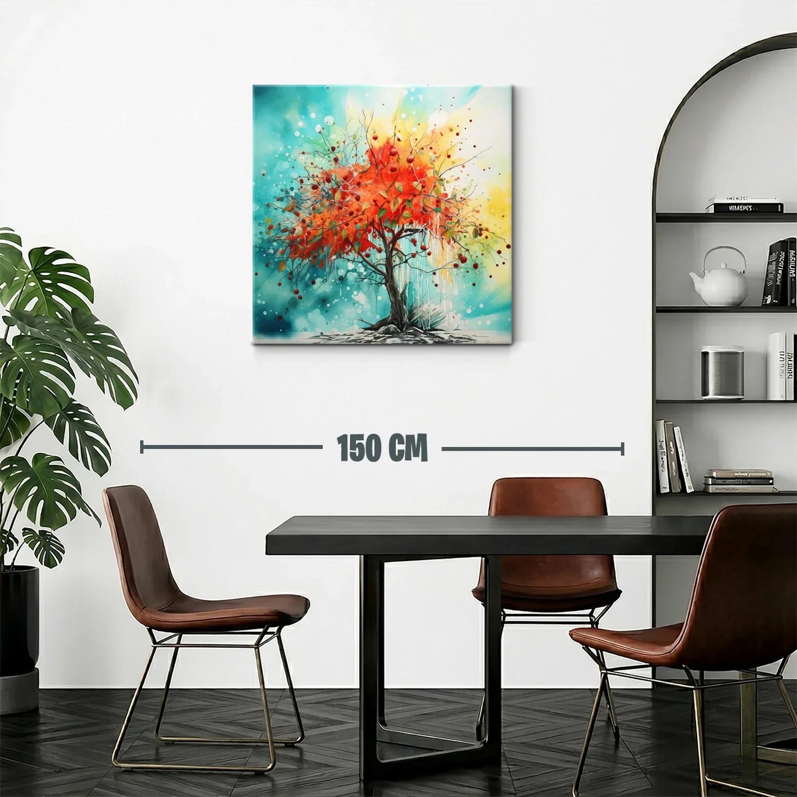 Árbol vibrante con hojas rojas en fondo azul y amarillo — miniatura 2