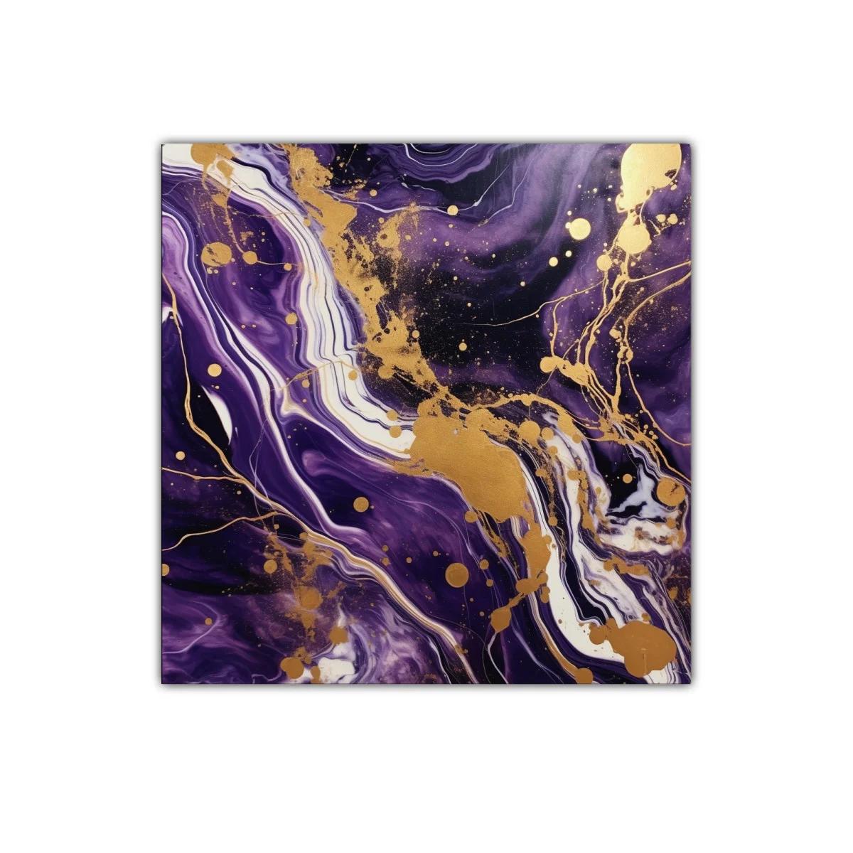 Cuadro abstracto con diseños fluidos en tonos morados y dorados