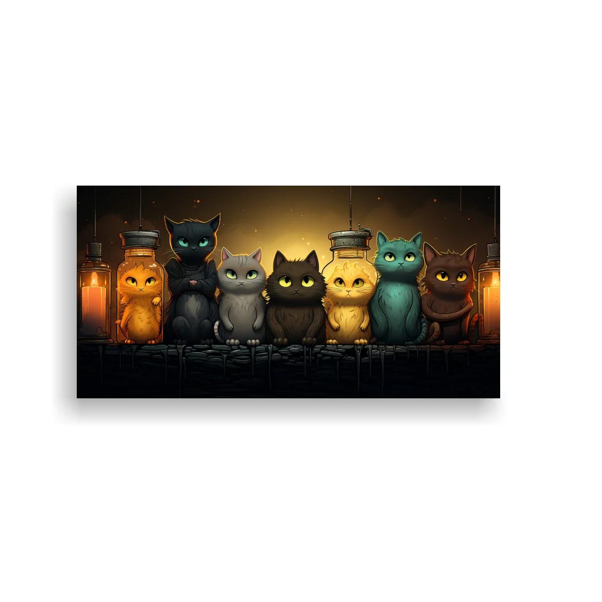 Cuadro fila de gatos con frascos de vidrio y faroles