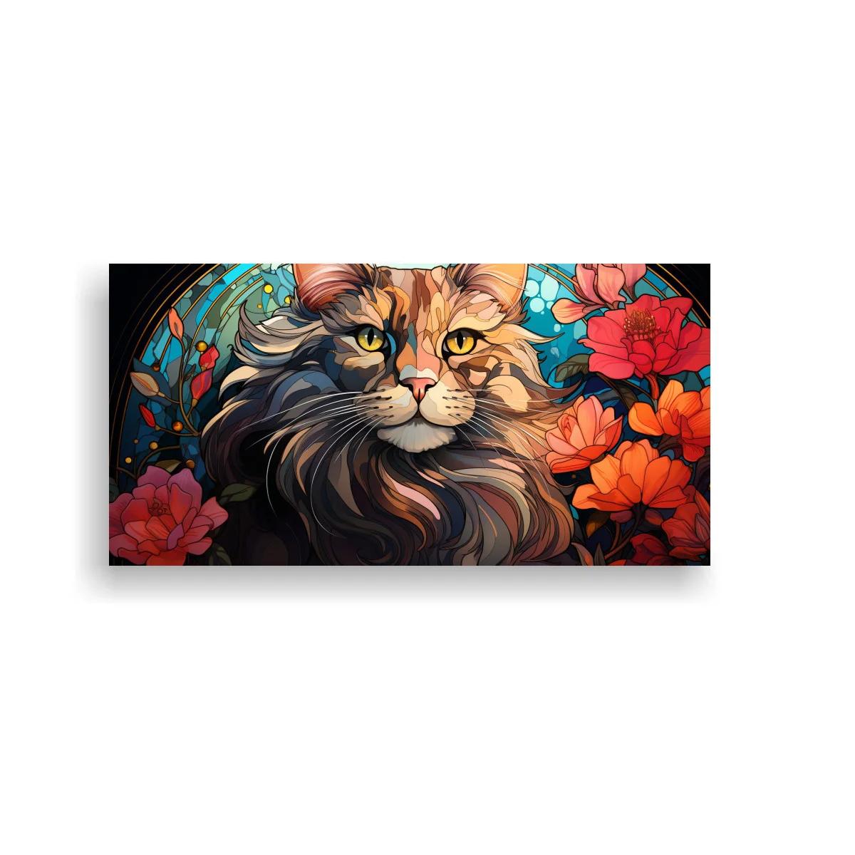 Cuadro retrato felino rodeado de flores — imagen principal