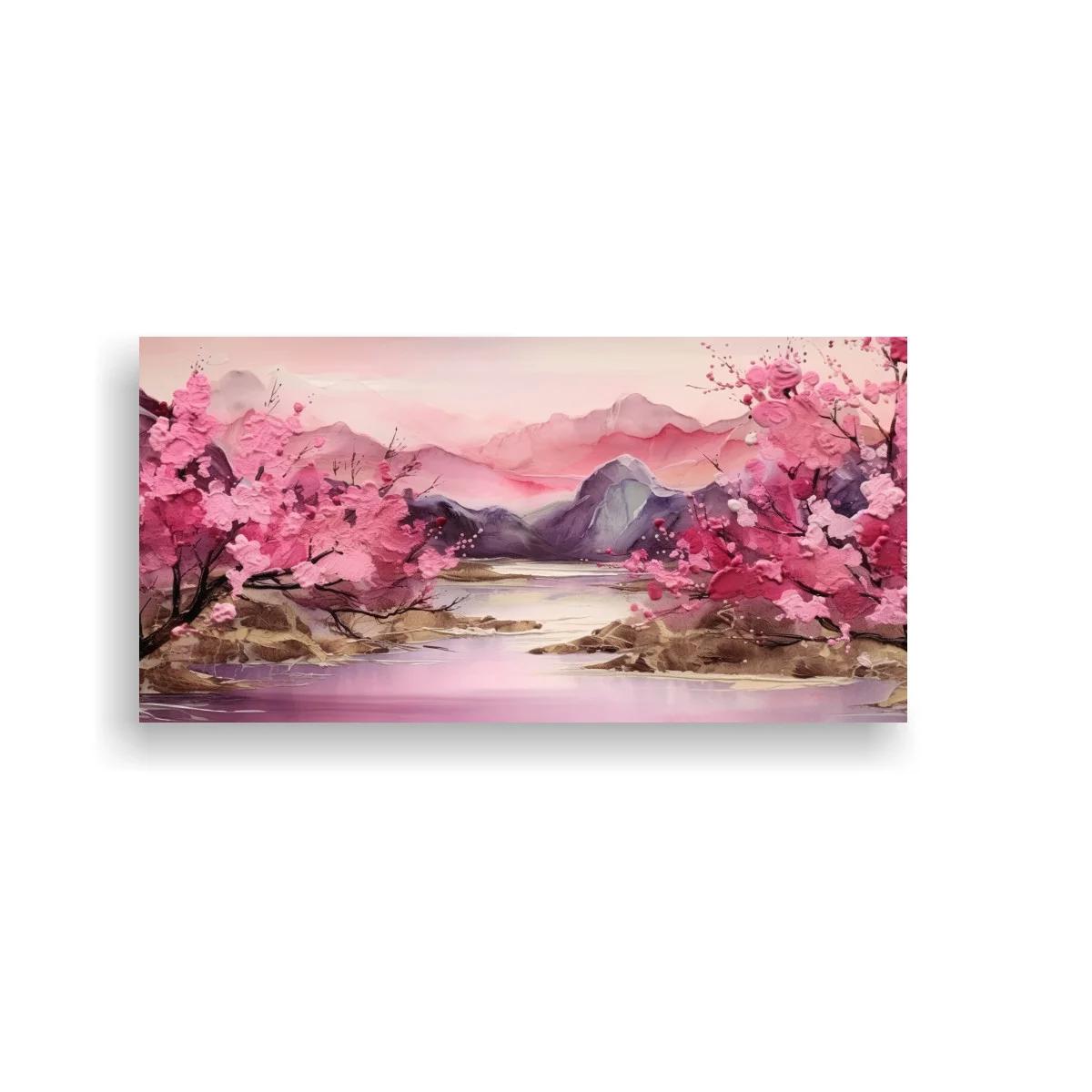 Cuadro paisaje con cerezos en flor y agua tranquila