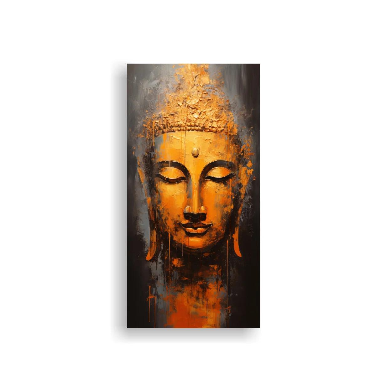 Cuadro rostro de Buda dorado con goteos y tocado luminoso