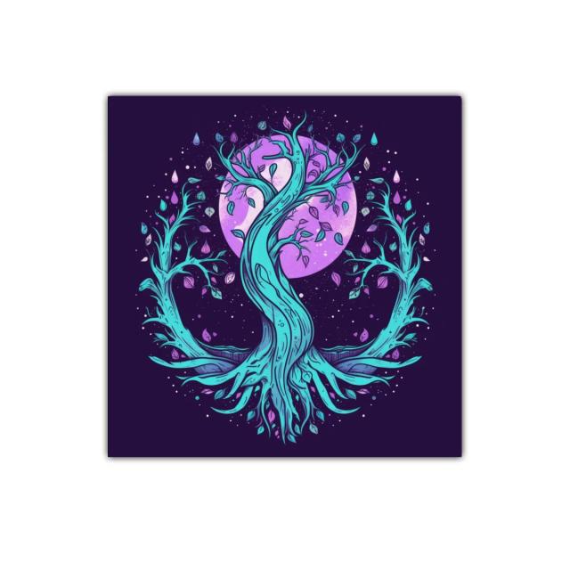 Árbol místico con luna púrpura y ramas vibrantes