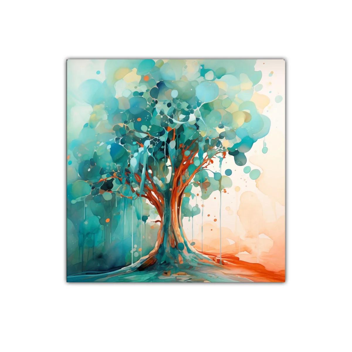 Cuadro moderno con árbol en tonos azules y naranjas vibrantes