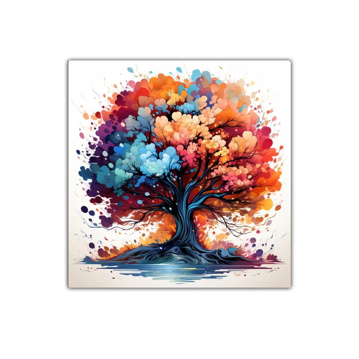 Árbol vibrante con hojas en explosión de colores cálidos y fríos — imagen principal
