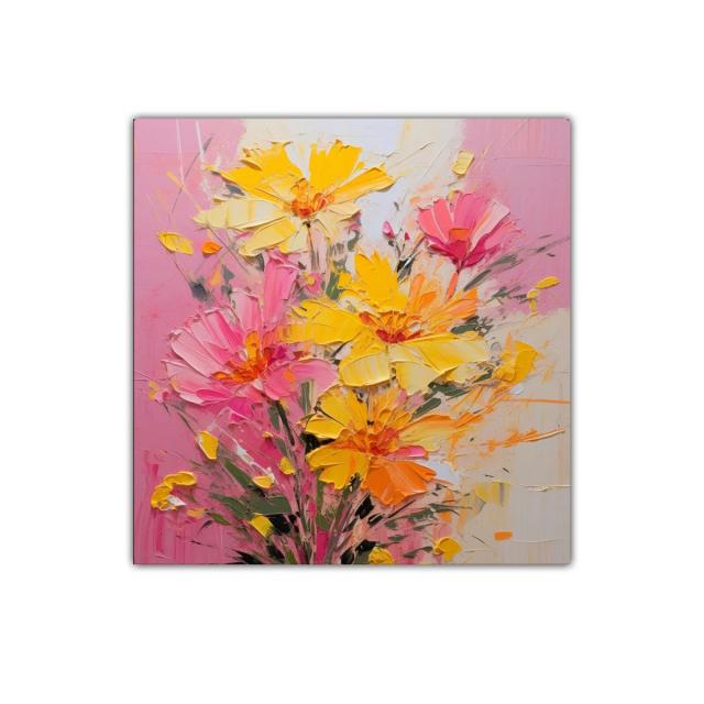Cuadro floral vibrante con tonos cálidos y rosados
