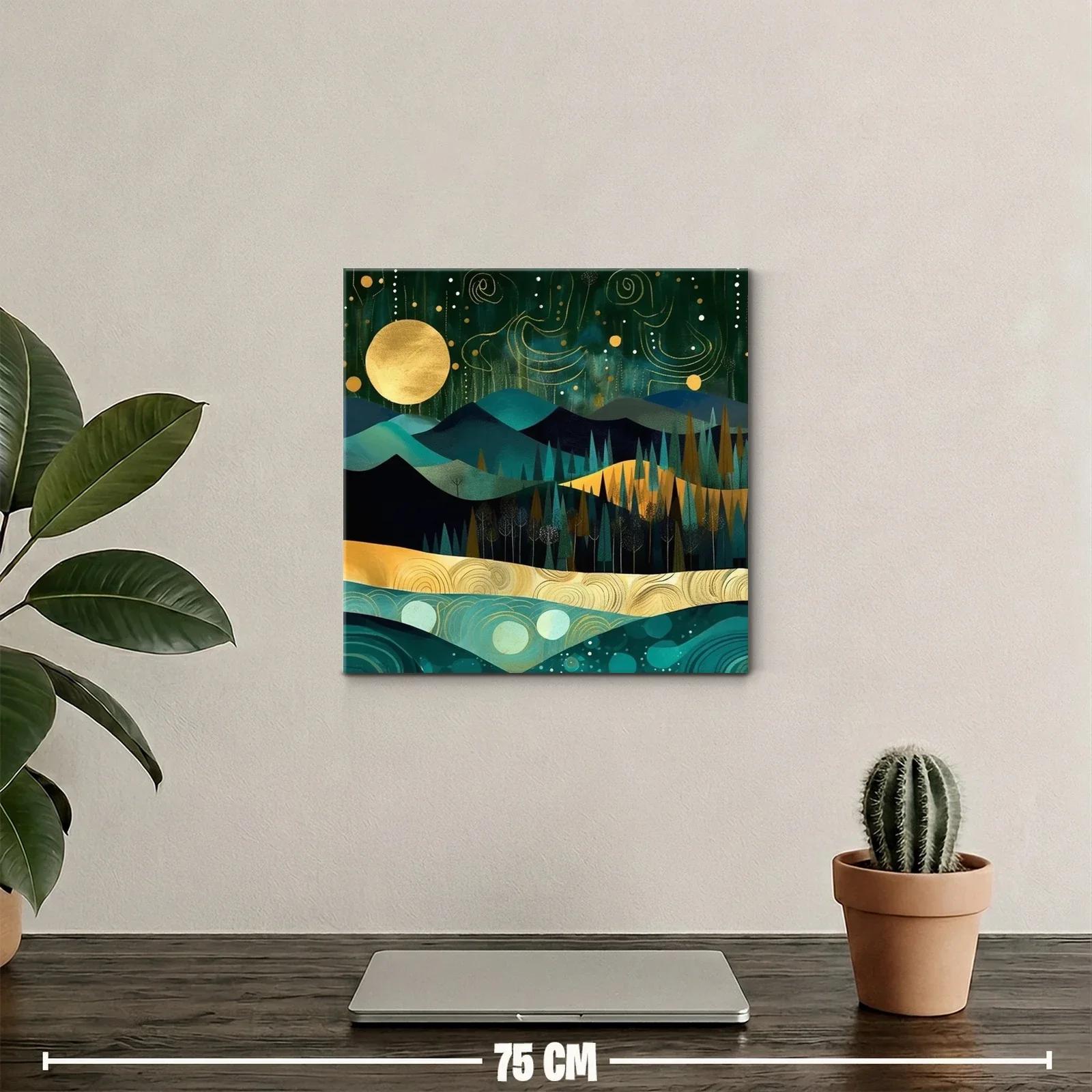 Paisaje nocturno con luna dorada y montañas estilizadas — miniatura 2