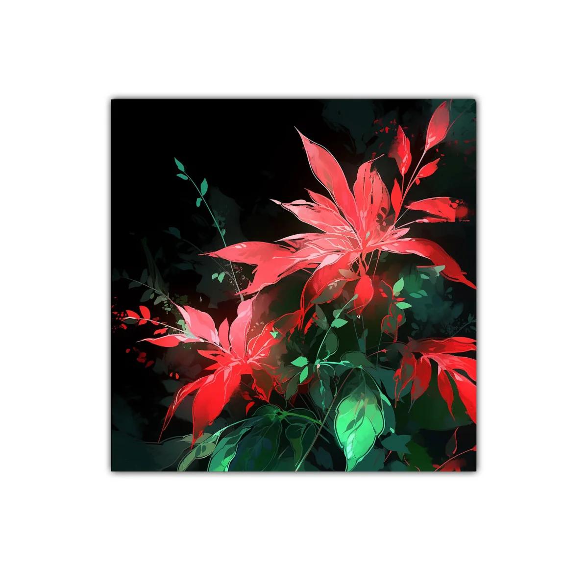 Vibrantes flores rojas con hojas verdes sobre fondo oscuro — imagen principal