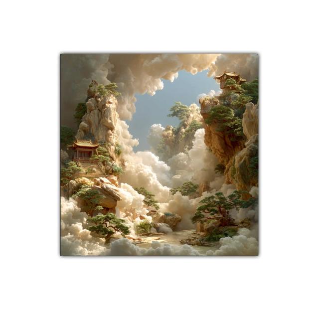 Paisaje onírico con templos en jardines elevados y nubes doradas