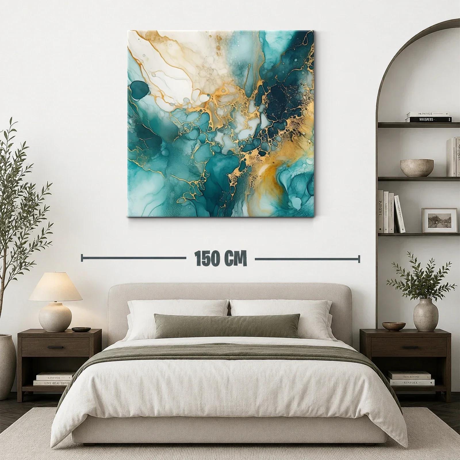 Cuadro abstracto con tonos turquesa y dorado brillante — miniatura 3