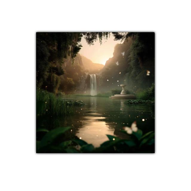 Paisaje místico con cascada y mariposas al atardecer