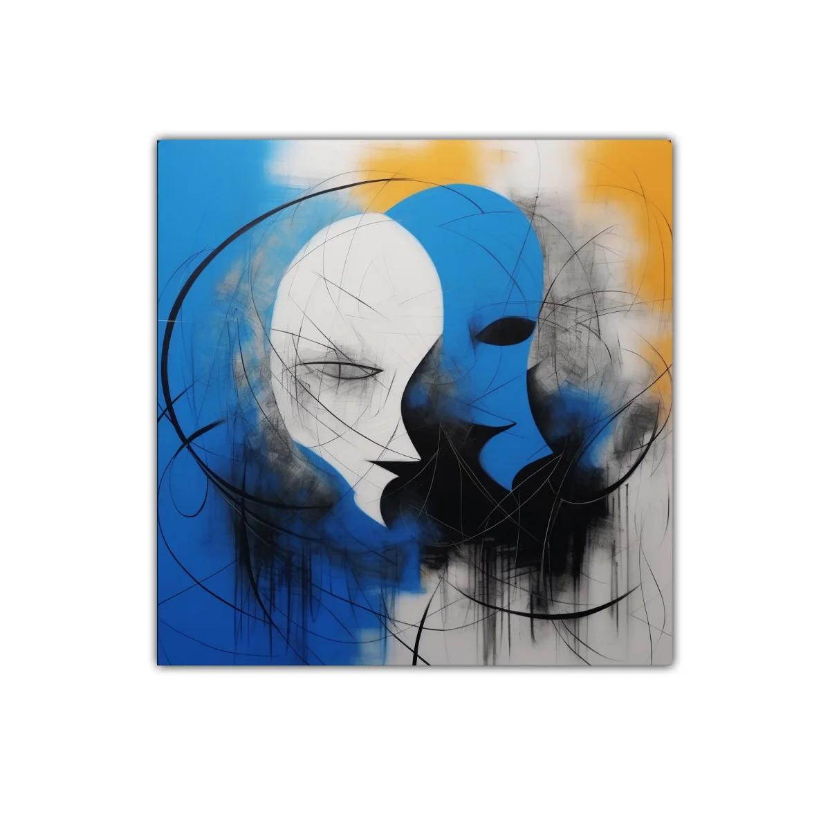 Cuadro abstracto con rostros en azul y blanco vibrante — imagen principal