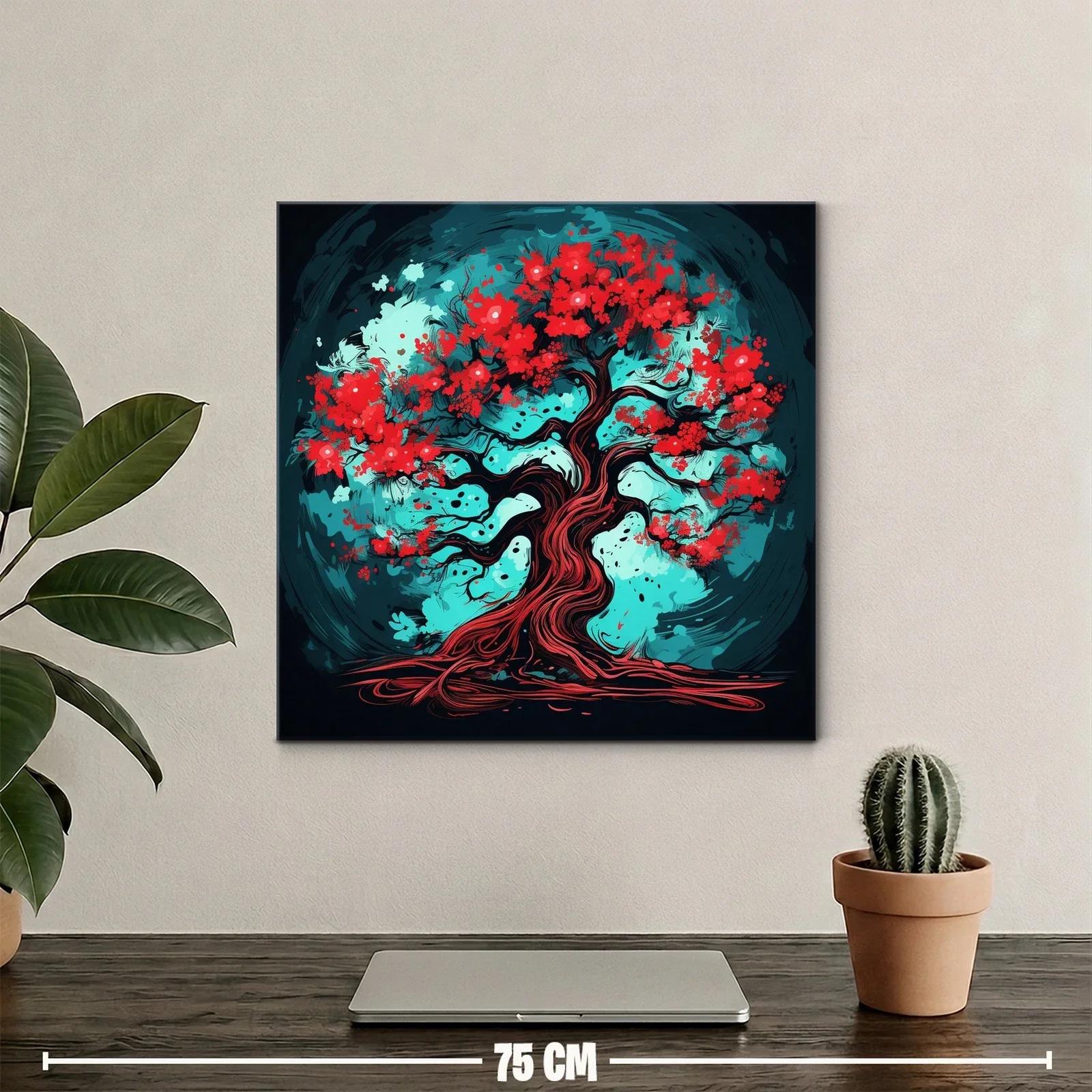 Árbol vibrante con flores rojas y fondo turquesa intenso — miniatura 2