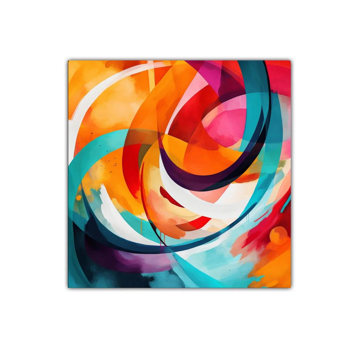 Cuadro abstracto con formas y colores vibrantes en movimiento