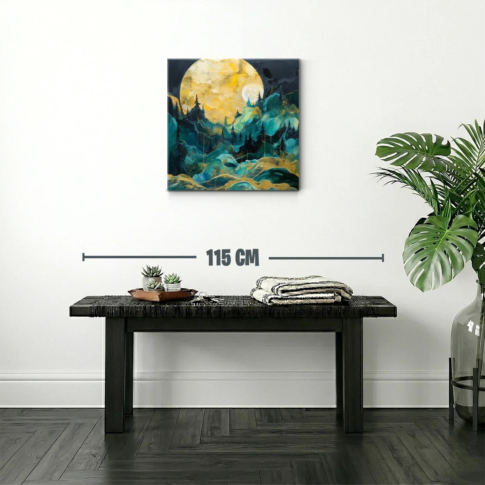 Paisaje Nocturno con Luna y Bosque en Tonos Dorados y Verdes — miniatura 2
